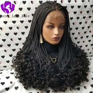 180density full 24inches black/brown /burgundy box braids wig Fully Hand Ponytail synthetic lace front Goddess Braids wig With Curly Tips