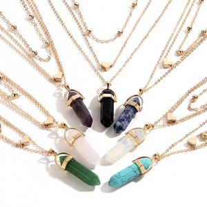 Fashion Multi-layer Chain Mens Womens Created Gemstone Natural Stone Hexagonal Prism Pile Pendant Necklace