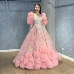 Dubai Arabiska Rosa Aftonklänningar Ruffles Major Beading Långärmad Prom Klänning Princess Quinceanera Gowns Vestidos de Fiesta de noche