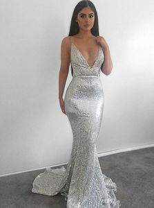 2020 Ny Sparkly Silver Black Sequins Sequined Mermaid Prom Dresses Spaghetti Straps Backless Evening Dresses Kvinnor Formella Party Gowns