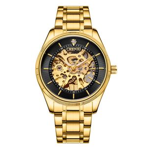 Chenxi Wristwatches Mechaniczny Automatyczny Złoty Ze Stali Nierdzewnej Zespół Czarny Szkielet Analogowy Wybieranie Składane Klamry Zegarki Dla Mężczyzn