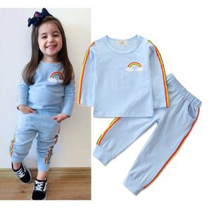 Barnkläder Satser Höst Baby Kläder Rainbow Print Stripe Toppar + Rainbow Striped Pants 2st / Set Girls Outfits Fashion Barn Passar M297