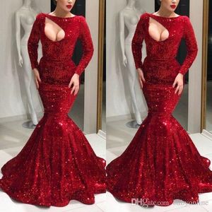 Glitz Elegant Dark Red Plus Size Mermaid Prom Dresses Jewel Neck Long Sleeves Sequins Floor Length Evening Gowns Formal Robes De Soire