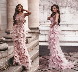 2020 Wspaniały Pióro 3D Kwiaty Korowody Suknie Kobiety Haft Frezowanie Mermaid Jewel Prom Dress Eleganckie suknie wieczorowe Specjalne okazje
