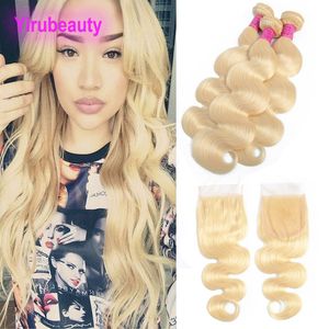 Peruvian Human Hair Extensions With 4X4 Lace Closure Body Wave 613# Blonde Bundles Closures Human Hair 10-28inch