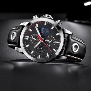 Benyar Fashion Sports Chronograph zegarek mężczyzn Faza Księżyca skórzana szkielet kwarcowy WEAKNY WSPARCIE BIAŁY RED288R