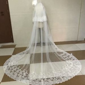 100% immagine reale veli da sposa da sposa due strati bianco avorio applique in pizzo di lusso con perline lungo velo con pettine