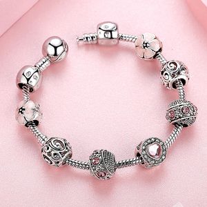 Rosa Sakura Flower Armband Pan Dora Designs 925 Silver Fashion Love Heart Shaped Crystal Rhinestone Opal Beaded Charm DIY Smycken Bangle