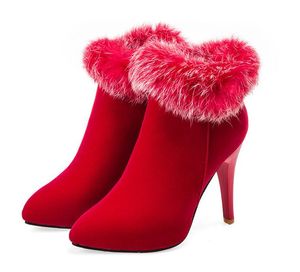 Hot Sale-Sexy Women Boots Winter High Heels Ankle Boots Shoes Women Fall Ladies Short Boots Snow Fur Zip White Red Big Size 11