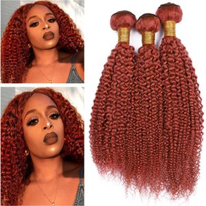 Ren Orange Peruvian Human Hair Weaves Kinky Curly 3 Bundles # 350 Mörk Orange Virgin Mänsklig Hår Dubbel Weft Extensions Blandad Längd