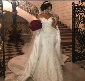 Elegant Beaded Lace Wedding Dresses With Detachable Train Off Shoulder Mermaid Bridal Gowns Applique Ivory Satin Wedding Dress