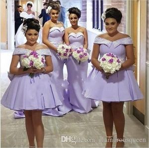 Onur Önlük Wedding Yeni Geliş Lavanta Artı boyutu A Hattı Kısa Gelinlik ışıldamaya Kapalı Omuz Hizmetçi Misafir Elbise elbiseler de