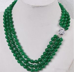 魅力的な！3回の8mmの自然な緑の翡翠宝石ジュエリーネックレスシルバークラスプ17-19 ''