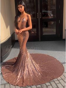 Sexy Spaghetti Straps Long Mermaid Prom Dresses Court Train Backless Rose Gold Sequined Sparkly Party Formal Evening Dress Blush Pink