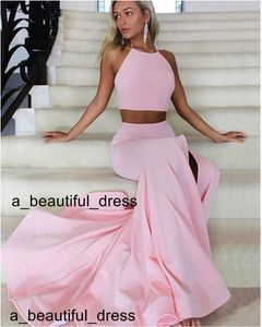 Light pink Evening Dresses prom dresses <strong>two piece evening dress</strong> halter backless split formal party wear for women ED1243