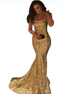 Sequined Gold Prom Dresses Strapless Sweep Train Enkel Mermaid Evening Dress Custom Made Back Zipper Billiga Cocktail Party Vestidos