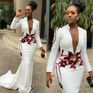 White Mermaid Sexy 2019 African Evening Dresses Deep V Neck Long Sleeves Appliques Prom Dresses Formal Party Gowns