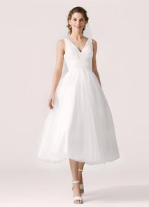 Tulle Vintage Herbata Długość Suknie ślubne 2020 z paskami V Neck Ruched Lace Tulle Informal Country Suknie ślubne Krótkie zamówienie