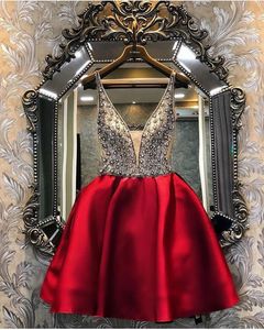 Burgundy Beaded Crystals 2019 Homecoming Dresses Spaghetti A-line Satin Graduation Dresses Sexy Elegant Short Cocktail Party Gowns