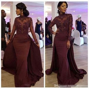 Elegant Burgundy Mermaid Evening Dresses with overskirts high neck Long Sleeves Prom Dress Appliqued Beaded Satin Long Party Gowns Custom