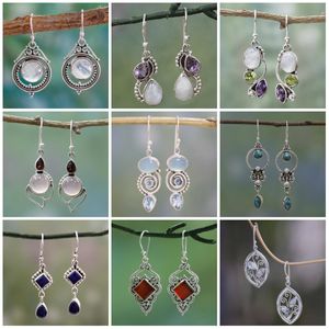 12Styles Vintage Серебряные серьги Rainbow Moonstone Серьги Amethystperidotpearl Серьги свадьбы для женщин свадебные свадебные украшения