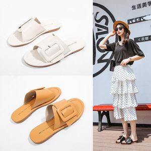 Frauen Hausschuhe Mode Lässig Flache Flip-Flops Damen Anti-skid Strand Flache Offene spitze Slipper Sommer Runde kopf schnalle dekoration