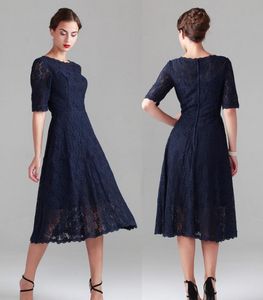 Elegant Navy Blue Tea-length Lace Mother of the Bride Dresses Vintage Half Long Sleeve Beach Bridesmaid Bridal Party Evening Gowns