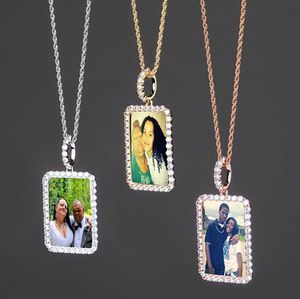 14K Custom Made Photo Rectangle Medallions Pendant Necklace 3mm Rope Chain Silver Gold Rosegold Color Zircon for Men Women