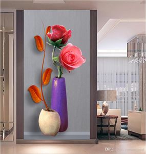 HD写真3D壁紙モダンな花瓶バラの花のリビングルームの寝室の入り口の背景ドアの装飾壁紙