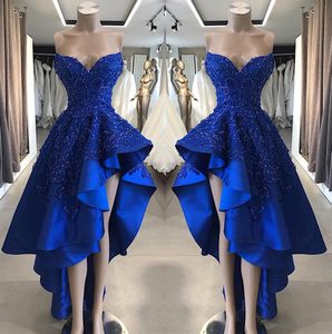 Royal Blue Strapless Satin A Line Long Prom Klänningar 2019 Beaded Stones High Low Formal Party Wear Evening Gowns BC1866