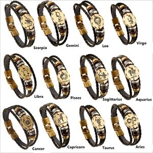 Zodiac Signs Leather Bracelets Men Women 12 Constellation Handmade Braid Beads Beaded Hematite Wristband for Sale