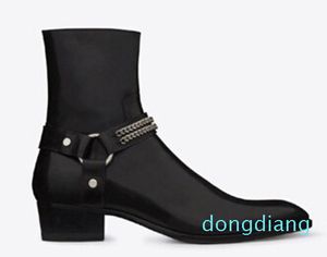 Hot Sale-Tan / Black Suede Läder Kedjor Harness Män Stövlar Stacked Heel Anke Boots Side Zip Men Fashion Chelse Boots Mänskor