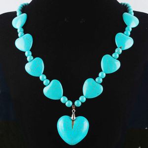 Wojiaer Vintage Blue Turquoise Heartビーズダングンペンダントネックレスストランド21インチメンズ女性自由州チャームジュエリーF3111
