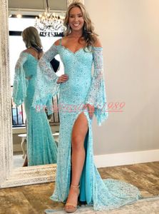 Sexiga Lace Mermaid Beads Aftonklänningar med långärmad Poet Split Straps Prom Formal Special Occasion Robe de Soirée Long Party Gowns