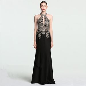 新しい黒シフォンシースウエディングドレス注文のセクシーなホルターフロアの長さのイブニングドレスビーズクリスタルシースパーティーガウンローブデマリエ