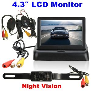 Freeshipping Universal Car Parking Assist 4,3 tums vikbar LCD-skärm Trådlös IR-säkerhetskopiering Reverse Night Vision Rearview Reverse Camera Kit