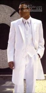 Biały Long Coat Groom Tuxedos Groomaman Blazer Notch Lapel Męska Suknia Ślubna Prom Odzież Garnitury Biznesowe (Kurtka + Spodnie + Kamizelka + Kamizelka) 2558