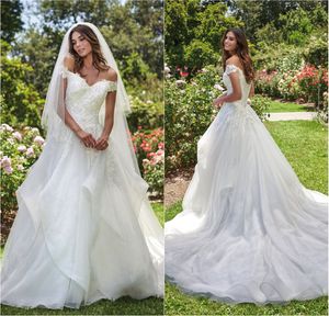 2020 Jasmine Off Shoulder Wedding Dresses Lace Sleeveless Bridal Gowns New Fashion Tiered Fuffles Appliques Backless Wedding Dress