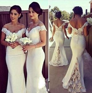 2020 Elegant Long Formal Dresses for Women Lace Off Shoulder Mermaid Sweep Train Corset Bridesmaid Dresses Covered Button Back Sweep Train