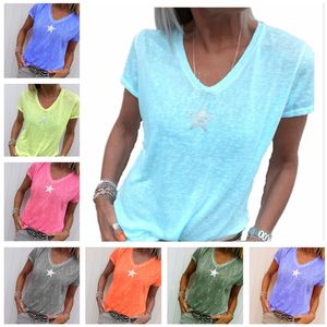 夏の女性Tシャツ半袖VネックファイブポイントスターTシャツデザイナーソリッドカラーカジュアルブラウス緩いプラスサイズのシャツ服