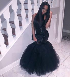 Black Girl Prom Dresses Halter Neck Cekiny Topped Mermaid Backless Dubai Fiesta Długie Party Suknie Tanie Party Suknie