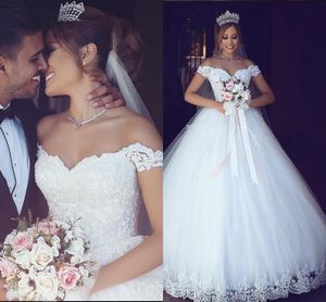 Ombro o elegante fora da bola vestidos de renda appliqued mangas tampadas até o chão feito sob encomenda jardim casamento vestido de noiva