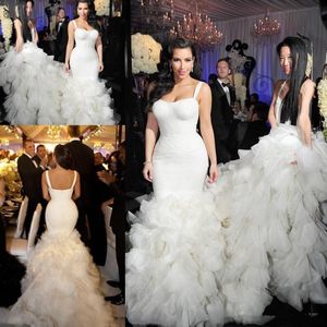 Arabic Mermaid Wedding Dresses Sleeveless Lace Cascading Ruffles Court Train Beach Wedding Gowns Plus Size Dubai vestido de novia