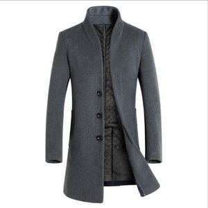 Winter New Fashion Trench Coats for Men Stand Neck Single Breasted Mid-long Winter Coat Men's Slim Trench Coat