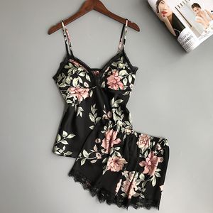 2019 sovande lounge pyjama set sexig satin sovkläder kvinnor sommar pajama femme mode blomma pyjamas för kvinnor med bröstkorg