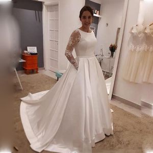 2020 간단한 새틴 라인 웨딩 드레스 레이스 긴 소매 바닥 길이 드레스 신부 공식 가운 플러스 사이즈 Vestido de Noiva