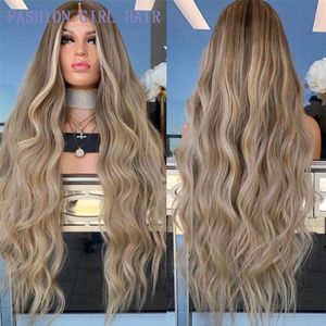 Ombre loira marrom cabelo raízes peruca longa onda natural peruca dianteira de renda sintética para mulheres resistentes a calor perucas diárias de fibra natural