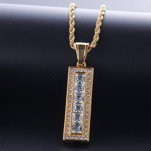 Gold retângulo de colar de pingente de pingente de pingente de hip hop bling full Diamond Square Retanger Charm Twist Chain Rhinestone Jewelry Gifts for Men and Women Bijoux