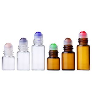 1 2 3ML Micro Mini Amber Clear Glass Roll on Bottles with Colorful Glass Roller Balls Tiny Sample Rollon Bottles for Essential Oils