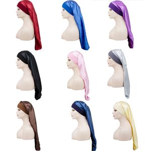 Katı Renk Uzun Çapur Uyku Wrap Gece Caps Saç Bakımı Bonnet NightCap Kadınlar Geniş Bant Elastik Saten Şapkalar